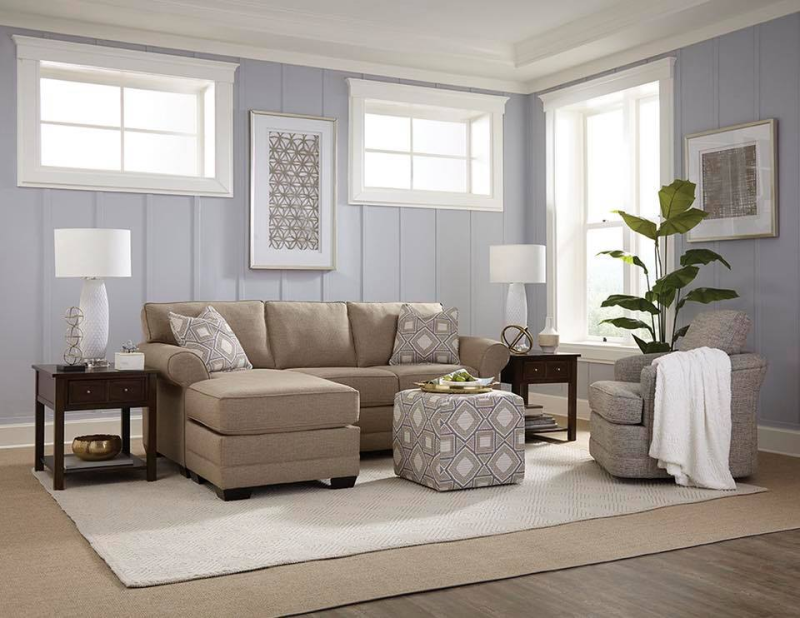 living room with England Furniture - cool colors on the walls and upholstry
